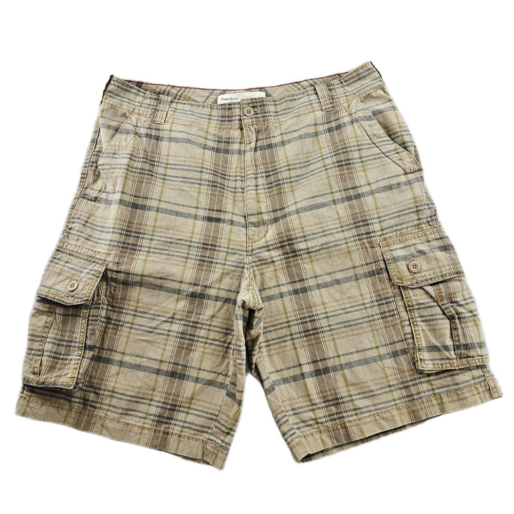 Perry Ellis Cargo Shorts Mens 36 Olive Brown Plaid High Rise 10"‎ Inseam Outdoor